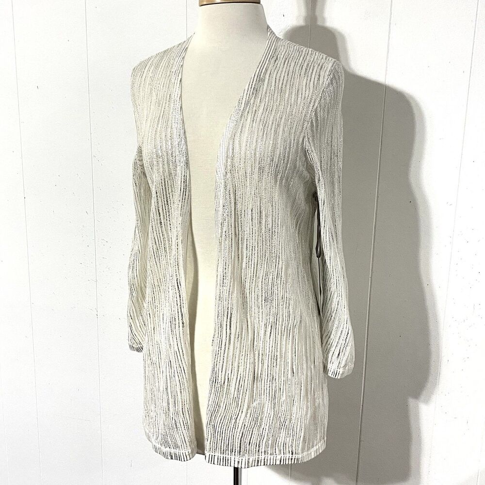NEW Chicos Sz 2 L Open Front NADIA Cardigan Silver Metallic White Sweater Sheer